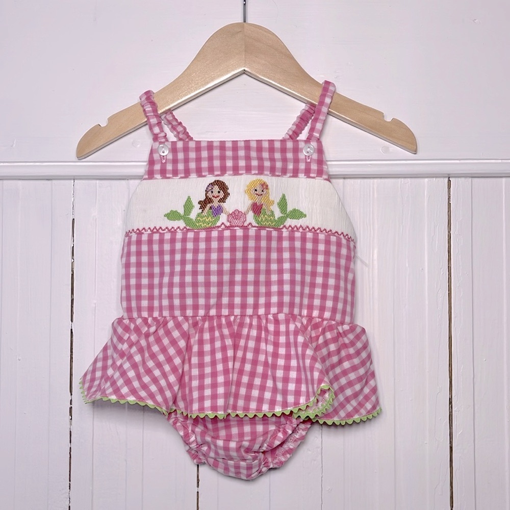 Pink Gingham Smocked Mermaid Romper for Girls